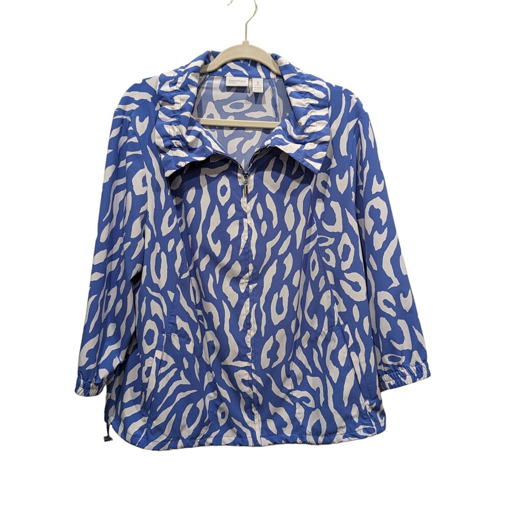 Chico's Zenergy Blue White Collared Cheetah Print Windbreaker Jacket 2 (L/12)